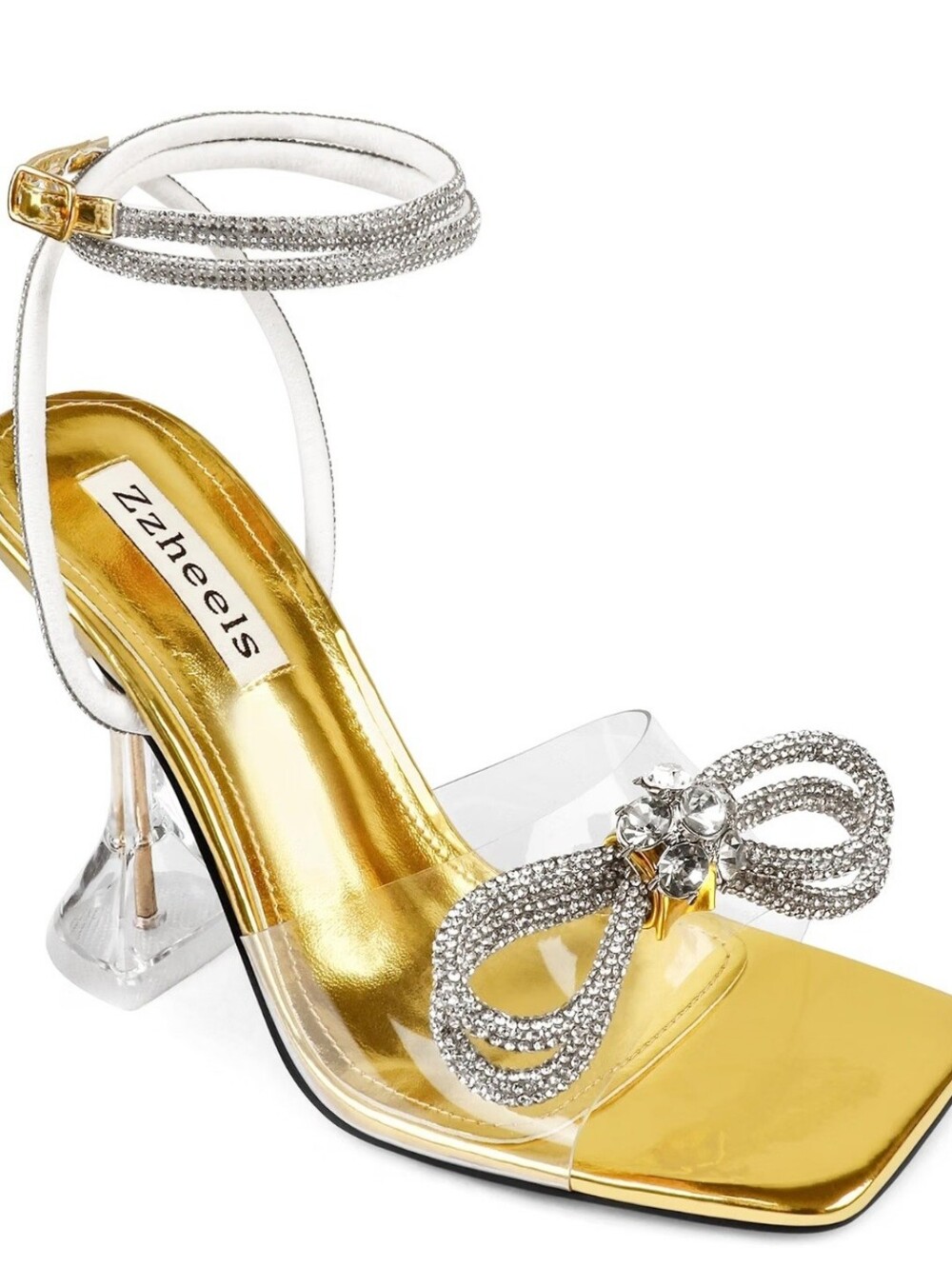 Zzheels Gold PVC Open Toe Ankle Strap Heels Rhinestone Bow Women Size 9